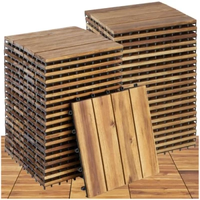 Imagen de TecTake® Set 40x Baldosas Jardín Exterior con 4 Tablones Madera, Suelo Terraza Resistente a Intemperie, Base de Rejilla y Drenaje, Montaje Sistema Clic Madera