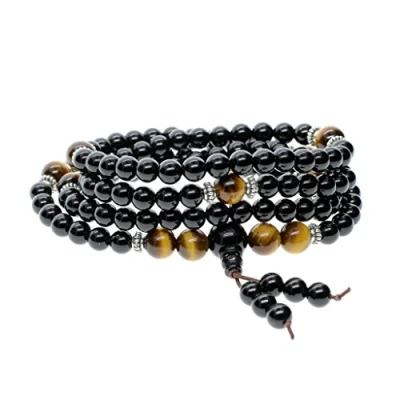 Imagen de COAI Japa Mala Budista Pulsera Multicapa con 108 Cuentas de Ónice y Ojo Tigre Rosario Oración Protección para Yoga Meditación