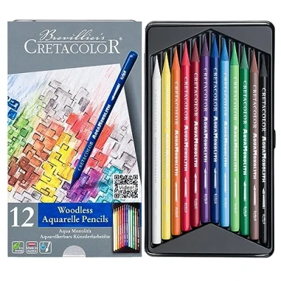 Imagen de CRETACOLOR Aqua Monolith, lápiz artístico acuarelable de mina entera, 12 colores, apto para diversas técnicas pictóricas, sin madera, trazo fuerte y rico