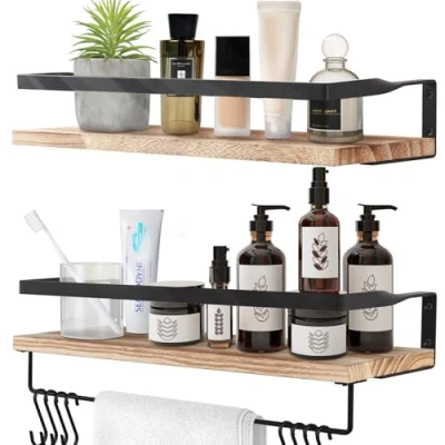 Imagen de Uten Baldas Pared, Estante de Pared 2 Niveles, Madera, 42 cm Largo, 8 Ganchos, Adecuado para Dormitorio, Cocina, Baño, Sala Estar, Solución Ahorrar Espacio