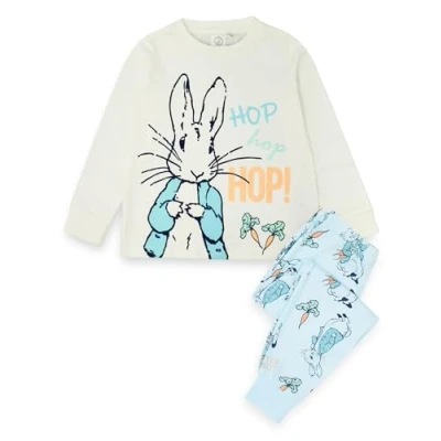 Imagen de Peter Rabbit Conjunto de Pijama para niño Ropa Estar por casa Azul niños, Camiseta Manga Larga y Pantalones Largos con Estampado Integral, Pijamas Dibujo Conejo Hop