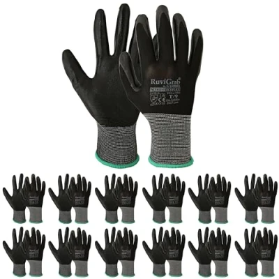 Imagen de RuviGrab Pack de 12 Guante Trabajo Nitrilo Guantes Anti Grasas y aceites jardinería para Trabajos Construcción o Agricultura Hombre Mujer