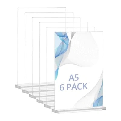 Imagen de QWORK® 6 piezas soportes de mesa acrílicos A5, soporte para carteles doble cara en T forma, expositores, oficina, tienda, restaurante