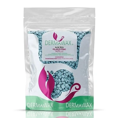 Imagen de Dermawax cera caliente de aloe vera, perlas cera, aplicación sin tiras para depilación brasileña, piernas, cara, brazos, axilas, espalda, hombres y mujeres (400 gramos)