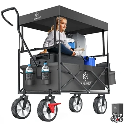 Imagen de KESSER® Carro Plegable con Techo Incl. Funda Carrito de Jardín 2 Bolsillos Red y uno Exterior Freno en la Rueda Delantera Ruedas Goma hasta 100 kg Capacidad