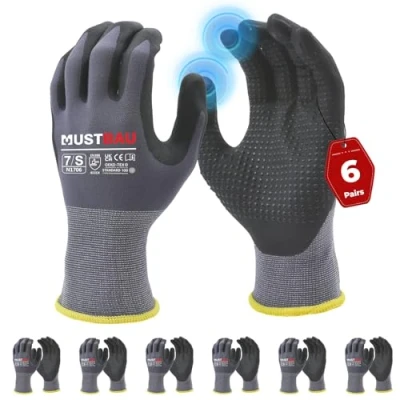 Imagen de Mustbau 6 Pares de Guantes Trabajo con Pantalla Táctil y Puntos Negros, Nitrilo Resistentes a la Abrasión Ventilados, Ideales para Trabajo, Jardinería, Mecánica, Construcción (Gris,S)