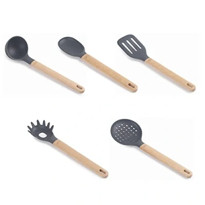 Imagen de LACOR 68190 Set de 5 utensilios cocina UNITE fabricados en silicona y madera haya, Gris madera, Libres BPA (69190)
