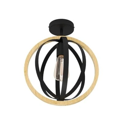 Imagen de Eglo Basildon lámpara de techo, luminaria 1 luz con aros, FSCM70HB, reflector redondo madera natural y metal en negro, iluminación techo salón, casquillo E27