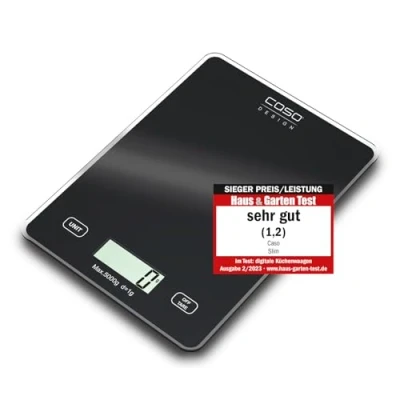 Imagen de CASO Báscula de cocina delgada, gran superficie cristal, control táctil, práctica función tara, sensor peso preciso hasta 5 kg, división exacta 1 g