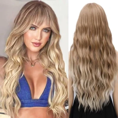 Imagen de Pelucas mujer con flequillo pelo natural rubio mezclado marrón larga ondulada, YEESHEDO peluca de largo suelto y rizada, wavy brown wig para mujeres niñas 28 &quot;