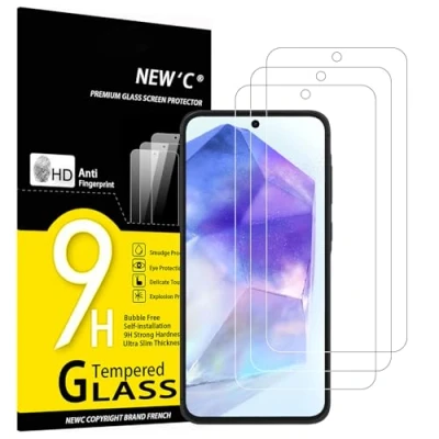 Imagen de NEW&#039;C 3 Piezas, Protector Pantalla para Samsung Galaxy A55 5G, Cristal templado Antiarañazos, Antihuellas, Sin Burbujas, Dureza 9H, 0.33 mm Ultra Transparente, Resistente