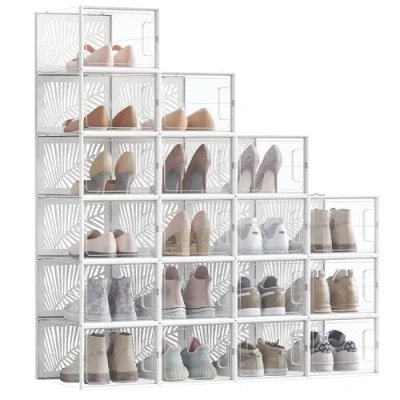 Imagen de SONGMICS Cajas para Zapatos Transparentes, 18 de Zapatos, Robusta, Organizadores Plegables, Talla 46, Apilables, Exponer Zapatillas, Tacones Altos, Transparente y Blanco LSP108W01