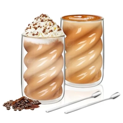 Imagen de Tazas de Café con Leche Doble Pared, 350 ml,Juego 2 Cucharas, Taza Vidrio Borosilicato,Vasos Cafe Cristal Aislado, Helado, Café, Té, Termo