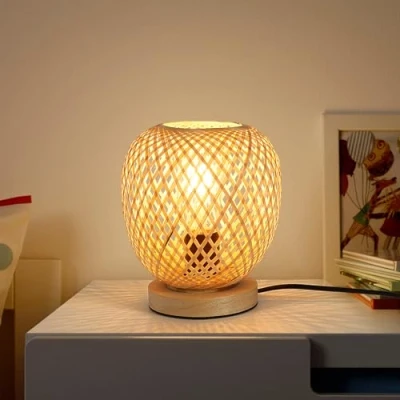 Imagen de Bambú Trenzado Lamparas De Mesita Noche,Boho Lampara Escritorio base Madera Creativa Hecha A Mano E27 Decorativa Noche Para Dormitorio Comedor Fiesta Bodas Regalo Interior