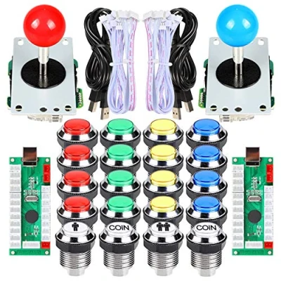Imagen de EG STARTS 2 jugadores Classic Arcade Contest DIY Kits USB Encoder to PC 5 Pin Joystick + Chrome LED iluminado Pulsador 1 y Botones de monedas para Mame Raspberry Pi 3 3B Games
