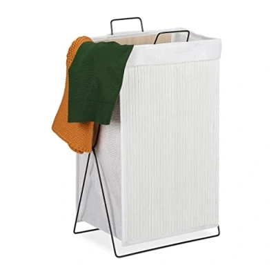 Imagen de Relaxdays Ropa Sucia, Plegable, Marco de Metal con Asas, Cesto para la Colada, 40 L, 61x38x22 cm, Blanco, Bambú