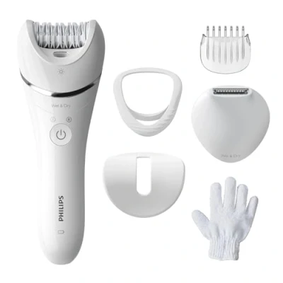 Imagen de Philips Depiladora Mujer Serie 8000, 6 en 1, Para Cuerpo, Cara, Pies y Bikini, Uso Seco o Humedo, Piel Suave desde Casa, Cabezal Ceramico, BRE715/00, Blanco