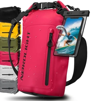 Imagen de Nordlight Bolsa Estanca Impermeable + Funda para Móvil, Cierre Enrollable, Correa Hombro Drybag Mochila Saco Estanco de Transporte Náutica Playa Sup Rosa, 30 litros