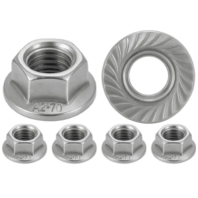 Imagen de Tuerca de Acero inoxidable con base dentada M5 tuercas arandela brida para tornillos Ø 5 mm Autoblocante Hexagonal DIN 6923 / ISO 4161 A2 (V2A/304) seguridad: lote
