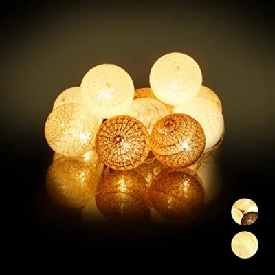 Imagen de Relaxdays Guirnalda Luces con 10 Bolas LED a Pilas, Algodón Poliestireno, Blanco Gris marrón, 6 cm de diámetro
