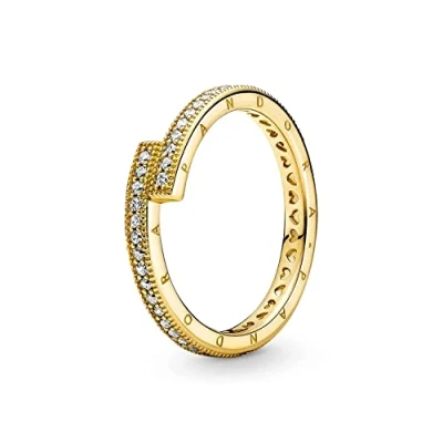 Imagen de PANDORA Signature Anillo superpuesto centelleante chapado en oro de 14 quilates con circonitas cúbicas transparentes, talla 56