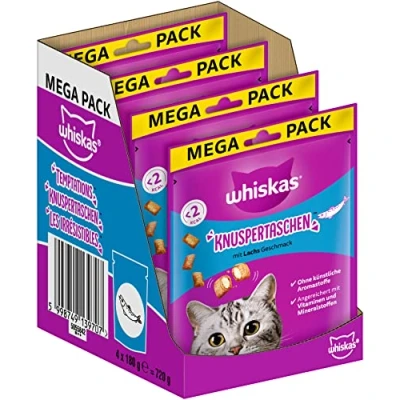 Imagen de Whiskas Bolsas crujientes para Gatos con Sabor a salmón, 4 x 180 g (4 Paquetes), Diferentes envases de Productos Disponibles