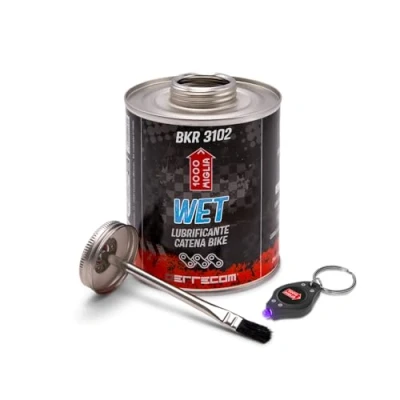 Imagen de Errecom 1000 Miglia BKR 3102 Lubricante para cadenas de bicicletas WET 900 ml, condiciones húmedas, mojadas y con barro, tarro All In One cepillo incluido