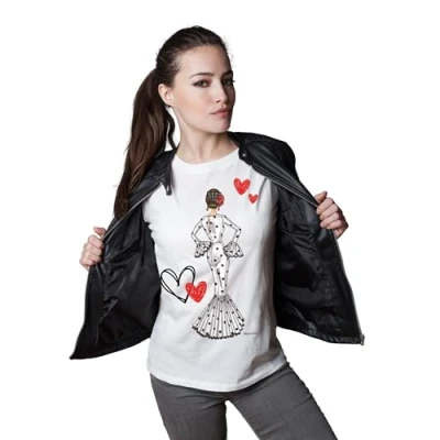 Imagen de Camiseta semientallada 100% algodón orgánico de Manga Corta para Mujer, con Traje Flamenca Blanco, Blanca Talla XL Maria