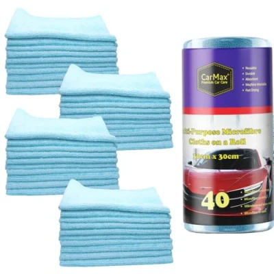 Imagen de CarMax™ Paños de microfibra multiusos azules para limpieza y secado coches en un rollo, toallas reutilizables 30 cm x rollo extraíble (40)