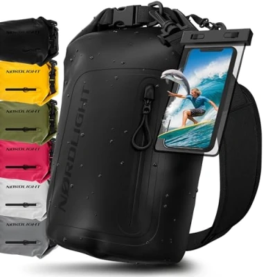 Imagen de Nordlight Bolsa Estanca Impermeable + Funda para Móvil, Cierre Enrollable, Correa Hombro Drybag Mochila Saco Estanco de Transporte Náutica Playa Sup Negro, 10 litros