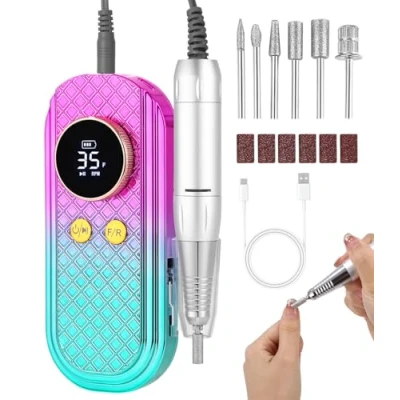 Imagen de Torno para Uñas Profesional ,35000 rpm Portátil Lima de Eléctrica Recargable Velocidad Ajustable Fresas con Pantalla LCD Manicura Pedicura Salón Belleza