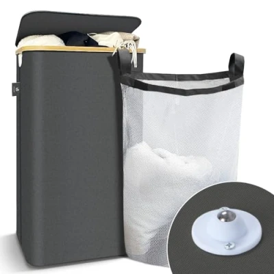 Imagen de VOUNOT Cesto Ropa Sucia 100L con Ruedas Cesta para la Colada, Cubo Tapa y Asas de Bambú Ropa, Plegable Laundry Basket Bolsa Interior Extraíble, Gris