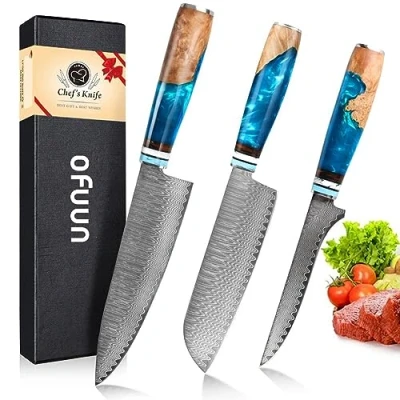 Imagen de oFuun Juego de Cuchillos Cocina Profesional, 3PCS Cuchillo Multiusos Acero Damasco 67 Capas 19,3cm Chef, 17,4cm Santoku, 15CM Deshuesar