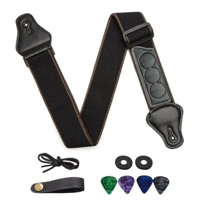 Imagen de SYEYCW Negro Correa de Guitarra, Guitar Strap Tejida Algodón, 4 Púas 2 Cierres Goma, Adaptador Cabezal con Hebilla, para Guitarras Acustica, Electrica, Bajo