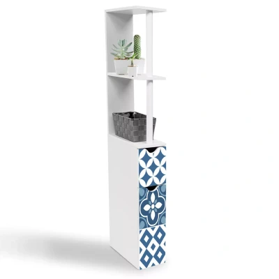 Imagen de IDMarket Willy Mueble para baño, estantería de madera con 2 puertas, color blanco dibujo azulejos cemento azul