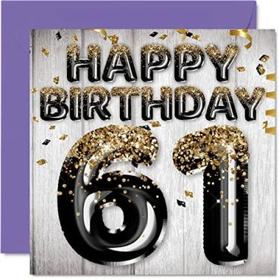 Imagen de Tarjeta de cumpleaños número 61 para hombres, globos negros y dorados con purpurina, tarjetas feliz hombre años, papá, abuelo, tío grande, 145 mm x mm, sesenta