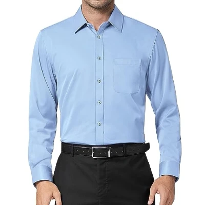 Imagen de DEMEANOR Camisa de hombre manga larga para negocios, ajustada, monocolor, tiempo libre, sin planchado, hombre, azul pastel, XXL