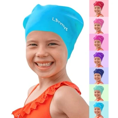Imagen de Limmys Gorro de Piscina para Niños con Pelo Largo Niño y Niña 100% Silicona Cómodos, Elásticos Calidad Natación Infantil (Azul Clara)