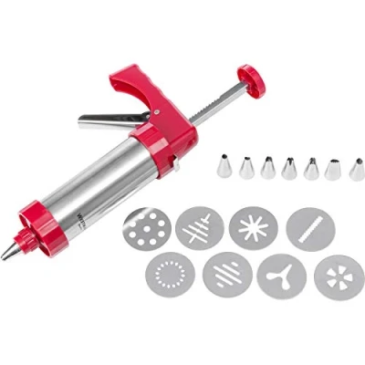 Imagen de Westmark Jeringa para prensa/guarnición de pastelería, con 8 discos moldeo y boquillas moldeo, capacidad: 250 ml, acero inoxidable/plástico, plateada/roja, 32332260