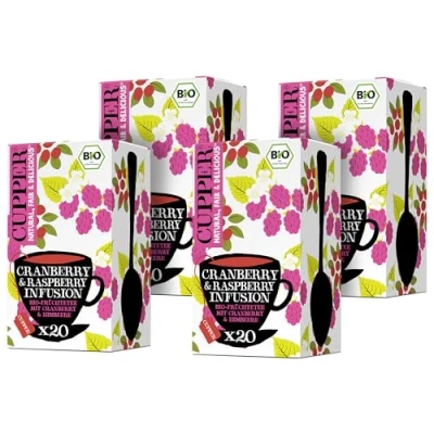 Imagen de Cupper Pack de 4 Cajas 20 Bolsitas Infusiones Ecológicas Con Arándanos y Frambuesa Propiedades Refrescantes Digestivas Contiene Rosa Mosqueta Raíz Regaliz