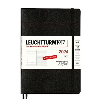 Imagen de LEUCHTTURM1917 367787 Agenda semanal y cuaderno mediano (A5) 2024, tapa blanda, negro, alemán, 12 meses