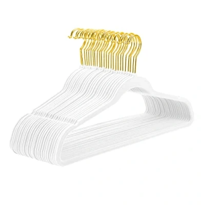 Imagen de MIZGI Paquete de 50 Perchas Terciopelo Alta Resistencia, Antideslizantes, Delgadas, para Trajes, Color Blanco, Ganchos Dorados, ahorran Espacio