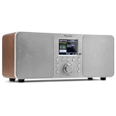 Imagen de Audizio Genua Dab Radio, Radio Digital con Bluetooth, y FM Pantalla Digital, Función Doble Alarma, Altavoz estéreo, Salida Auxiliar de Auriculares, Acabado en Madera