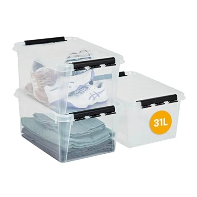 Imagen de SmartStore cajas de almacenaje 32 L (pack 3), reforzadas, transparentes, 10 años garantía, cierre clip, apilables, encajables, para comida, sin BPA, 50 x 39 26 cm (La.xAn.xAl.)
