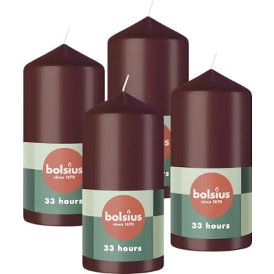 Imagen de Bolsius Pillar Candles Rojo oscuro Paquete de 4 12 x 6 cm Velas decorativas para el hogar Larga duración combustión 33 horas Sin perfume Cera vegana natural aceite palma