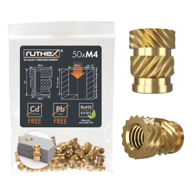 Imagen de ruthex Inserto roscado M4 50 casquillos roscados de latón RX M4x8.1 tuerca inserción para piezas plástico tuercas moleteadas embutir en impresora 3D por calor