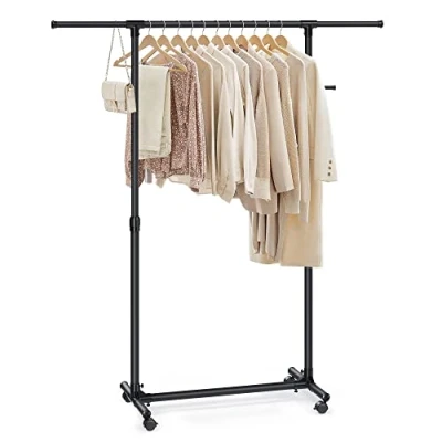Imagen de SONGMICS Perchero con Ruedas, Burro para Ropa, Altura Ajustable 97 165 cm, Barra Extensible, Ganchos Laterales Accesorios, Negro LLR001B01