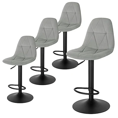 Imagen de Lestarain Juego de 4 Taburetes Bar, Bistro con Respaldo, Cocina Altura Ajustable Entre 60 y 81 cm, Terciopelo Giratorio 360, Gris Claro, LBAI64002