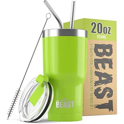 Imagen de Greens Steel BEAST Termo Café para Llevar 550ml I Verde Limón Taza Térmica de Acero Inoxidable Reusable Viajera Doble Pared al Vacío 2 Pajitas y Cepillo Limpieza