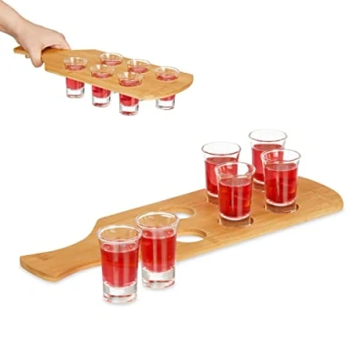 Imagen de Relaxdays Porta Vasos 4 cl, Bandeja para 6 Chupitos, Idea de Regalo, Soporte Licores Bambú, Natural, 7 x 40 14 cm